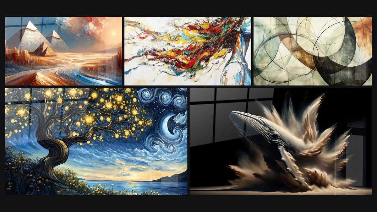 Mosaïque de cinq tableaux, dont Mirage Égyptien, La baleine d'Elise et Muse Moderne