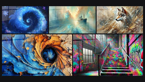 Mozaïek van vijf schilderijen, waaronder Bloemig kosmisch spiraal, Blauw en goud kosmisch spiraal en In het Hart van de Bries