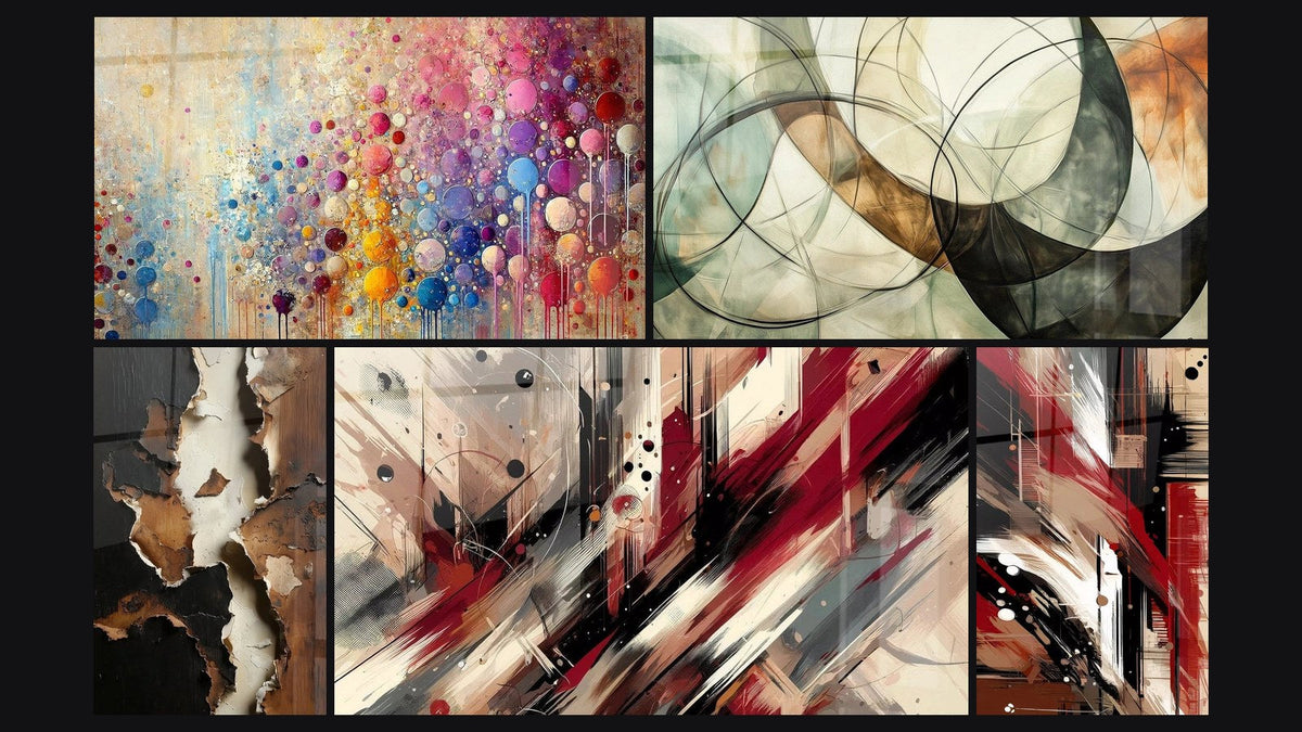 Mosaïque de cinq tableaux, dont Mosaïque de Sphères, Turbulence Artistique et Les Liens Invisibles