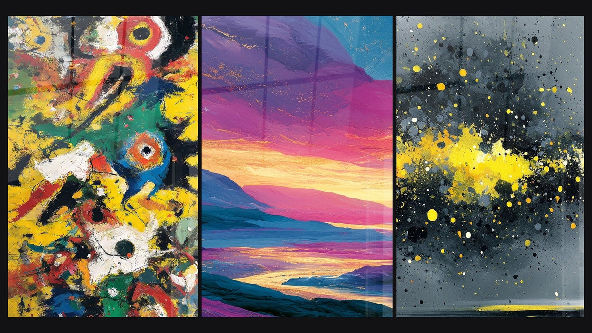 Mosaïque de trois tableaux, dont Composition abstraite et Vallée montagneuse aux reflets dorés