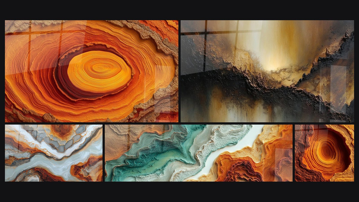 Mosaïque de cinq tableaux, dont Abstrait Fluides Turquoise et Cuivre