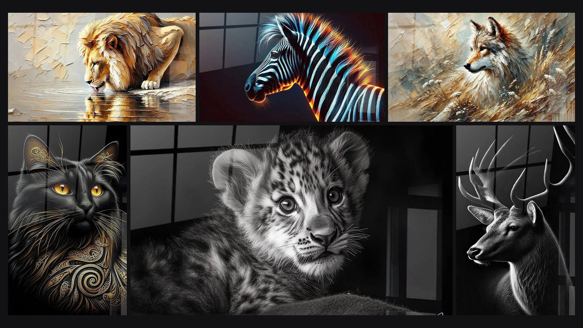 Mosaic of six paintings, including King of Reflections, Harmony of Stripes and Majestic Feline Gold
