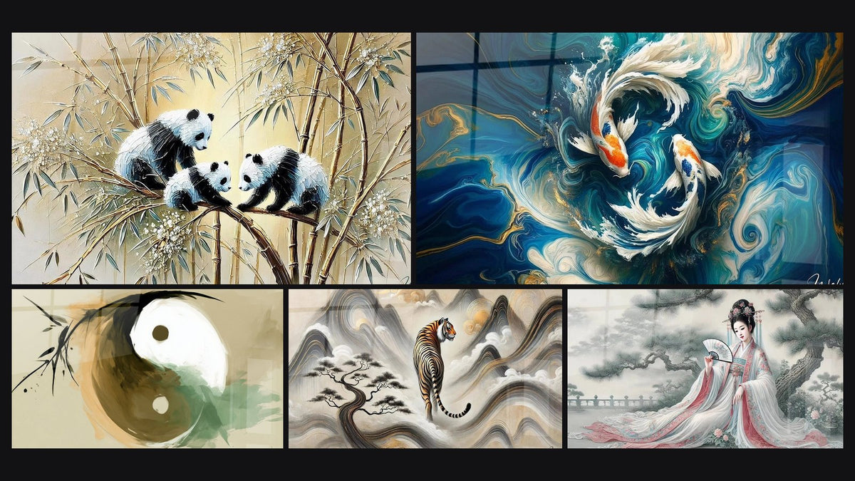 Mosaic of five paintings, including Bamboo Guardians, Koi Dance and In the Sacred Mists