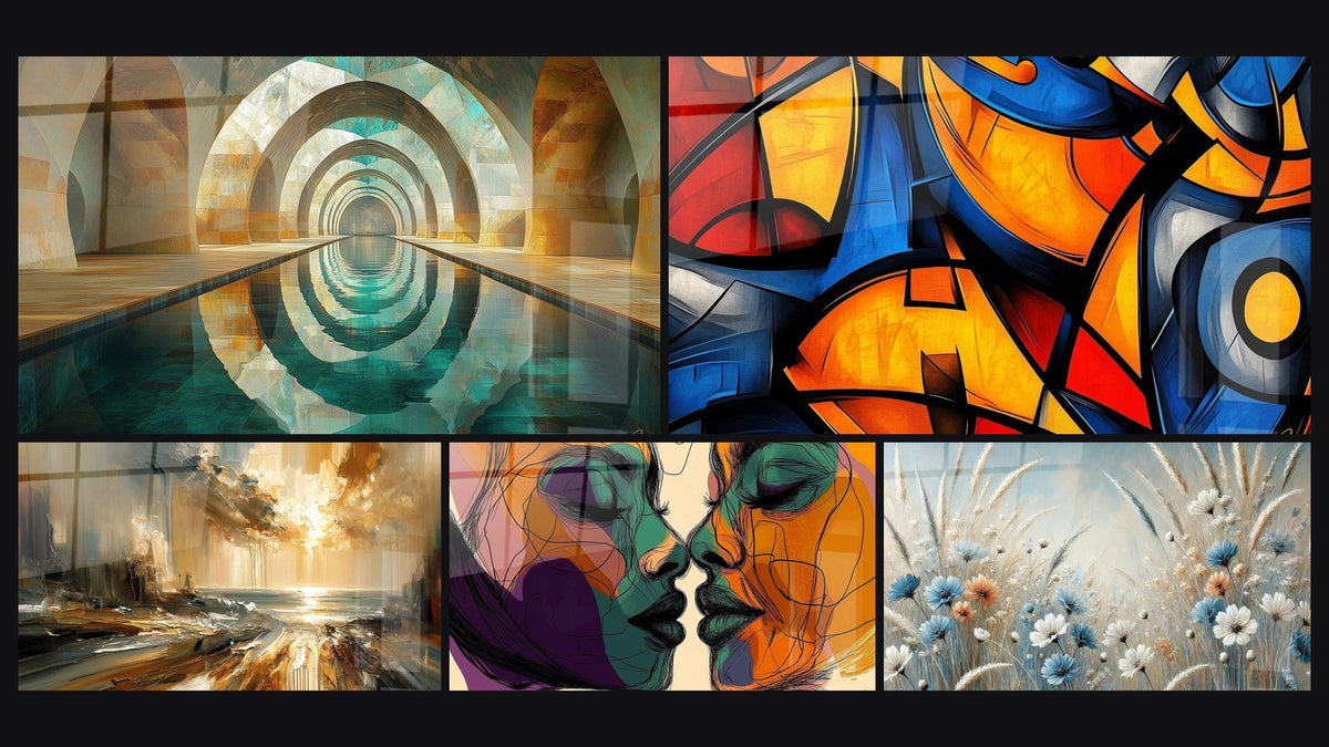 Mosaic of five paintings, including Silent Arch Teal, Light Reverberations and One Silence