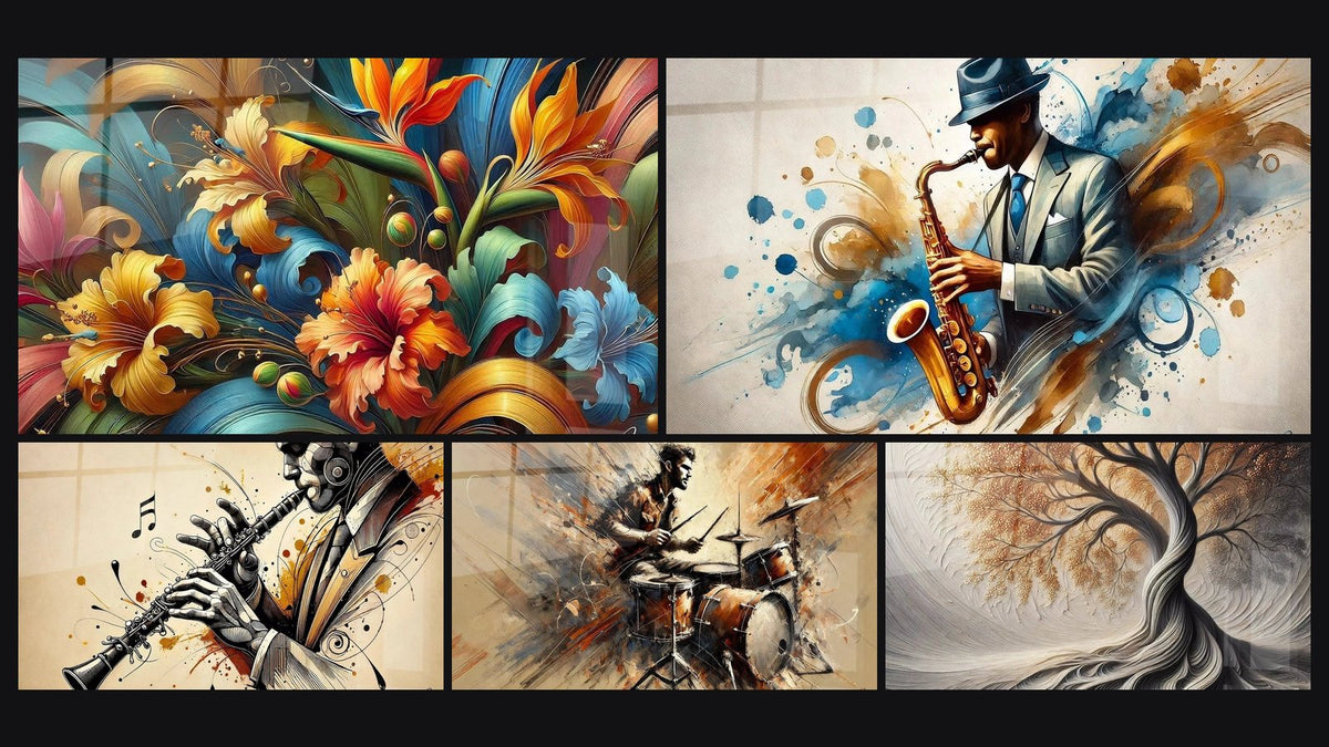 Mosaico di cinque quadri, tra cui Rapsodia Botanica, Clarinetto N°1 e Batteria N°2