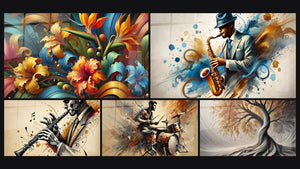 Mosaic of five paintings, including Botanical Rhapsody, Drums Wall Art No. 2 and Breath of Earth