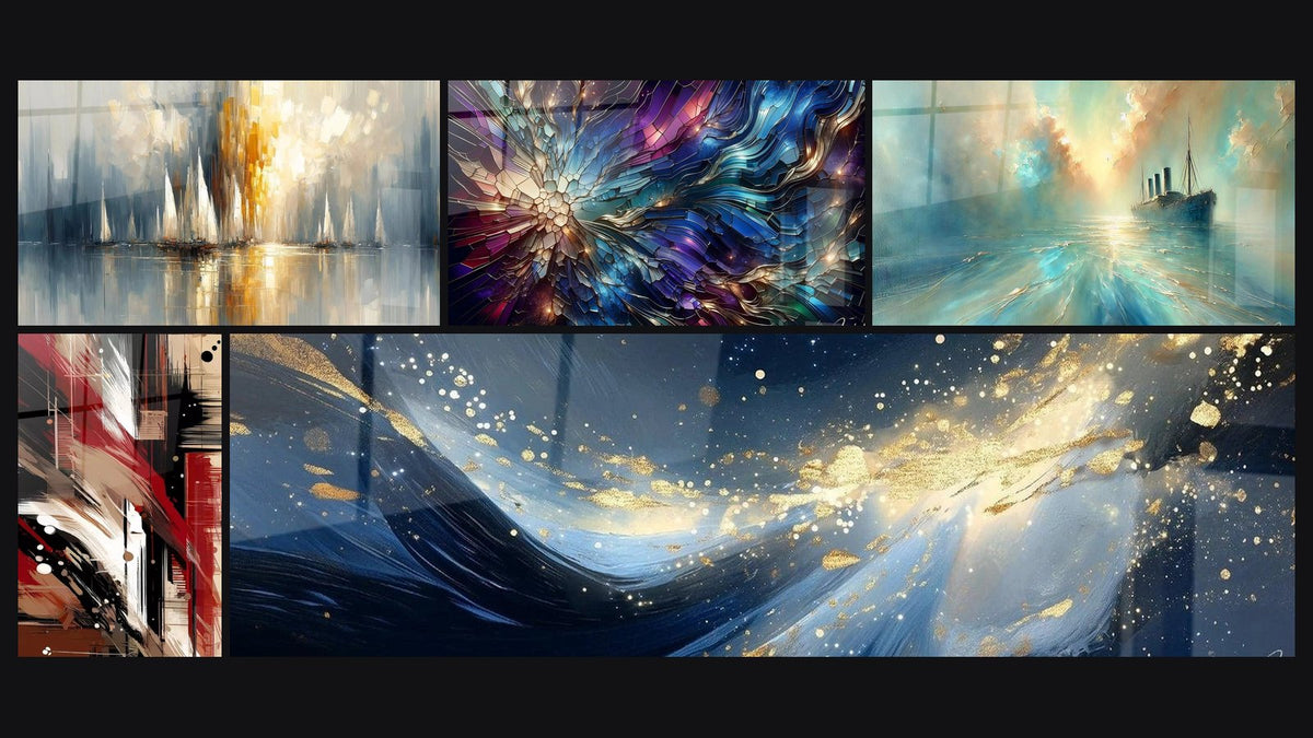 Mosaico di cinque quadri, tra cui Alba sulla Baia, Disordine Strutturato e Bagliori di Vetrate