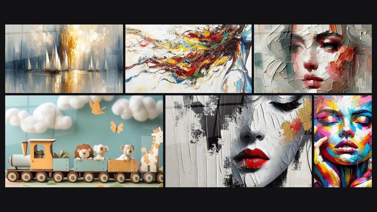 Mosaïque de six tableaux, dont Aurore sur la Baie, Muse Moderne et Train N°2