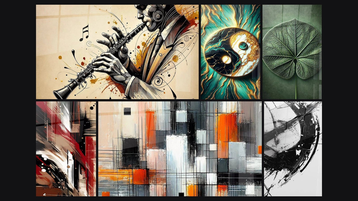 Mosaic of six paintings, including Balance, Green Symmetry and Structured Disorder Abstract