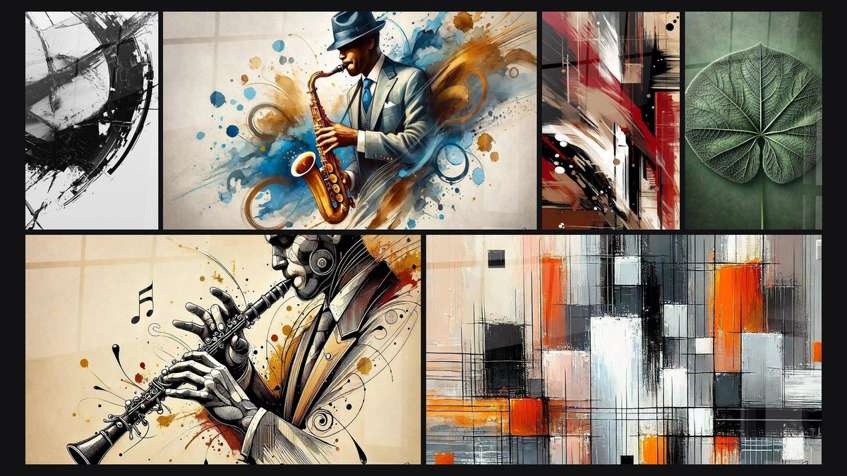 Mosaïque de six tableaux, dont La Brisure du Temps, Jazz N°2 et Clarinette N°1
