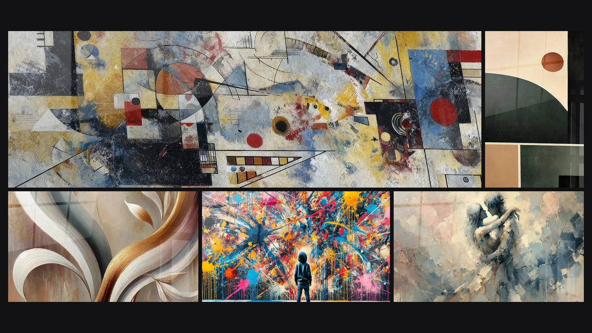 Mosaico di cinque quadri, tra cui Composizione astratta geometrica, Equilibrio Geometrico e Respiro d'Oro