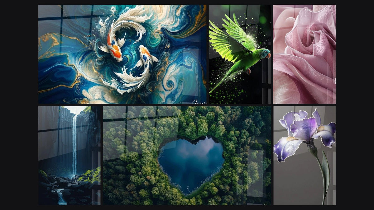 Mosaïque de six tableaux, dont Danse des Koi, Perruche N°2 et Cascade N°2