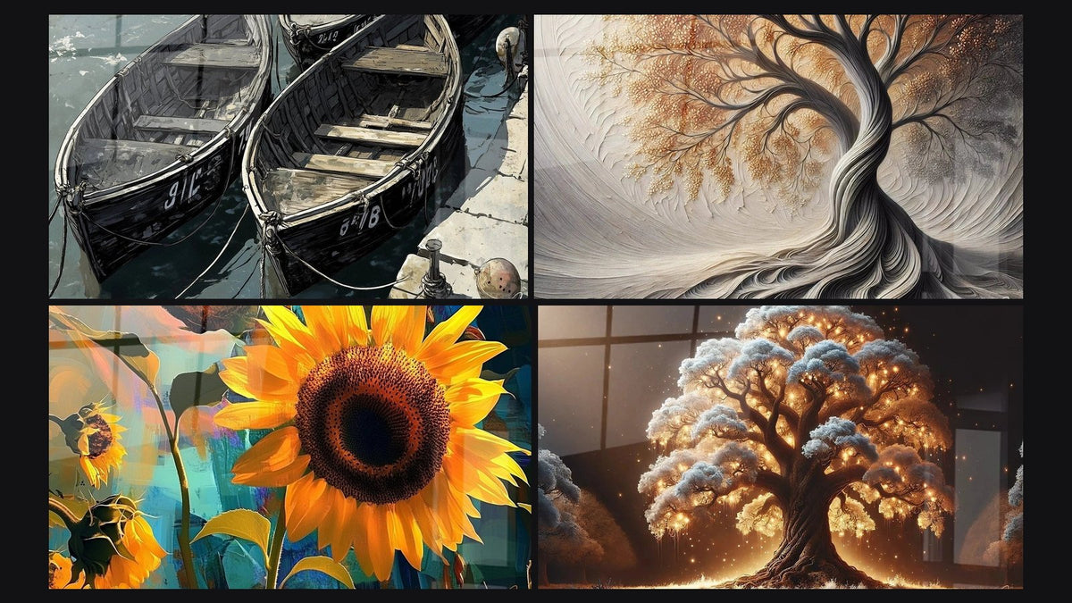 Mosaico di quattro quadri, tra cui Porto N°2, Girasole N°1 e Respiro della Terra