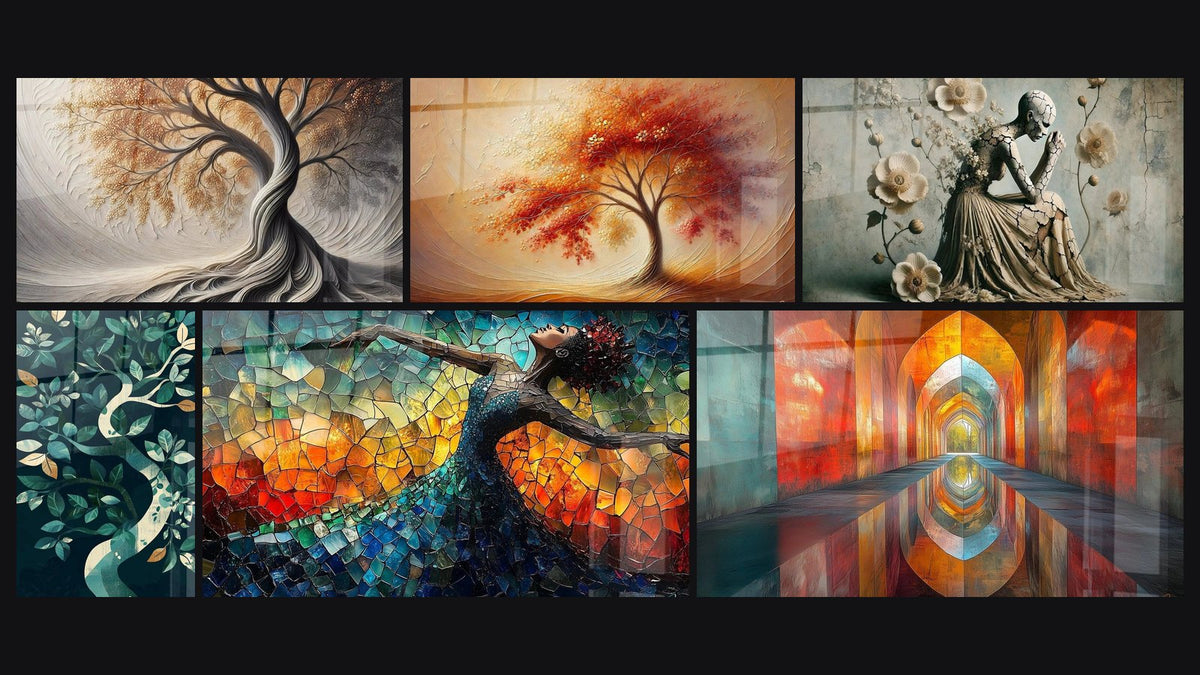 Mosaïque de six tableaux, dont Souffle de la Terre, Danse des Saisons et Renaissance dans la Ruine