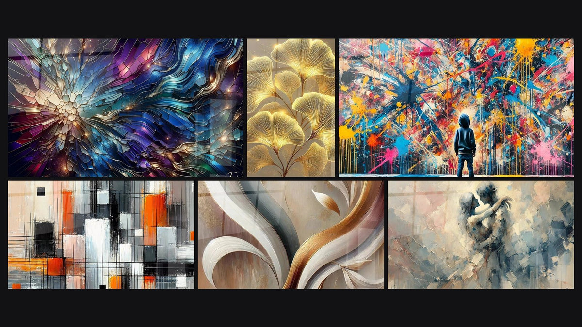 Mosaico di sei quadri, tra cui Bagliori di Vetrate, Meccanica dei Colori e Splendore Naturale
