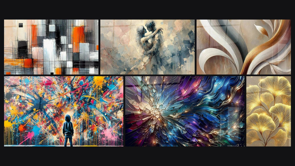 Mosaïque de six tableaux, dont Mécanique des couleurs, Éclats de Peinture et Entre Nous