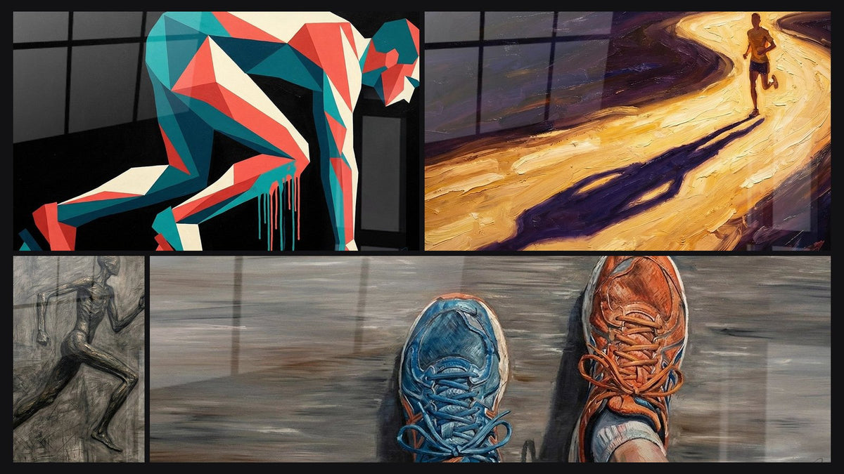 Mozaïek van vier schilderijen, waaronder Runner Geometrisch, Eenzame Loper en Lopend Anatomisch Model