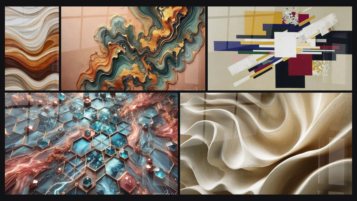 Mosaico de cinco cuadros, entre ellos Ondas Fluidas Tierra y Cobre, Ola de Cobre y Redes de Resplandor