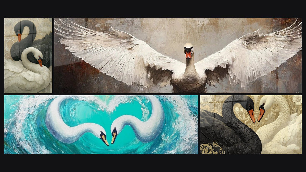 Mosaik aus vier Gemälden, darunter Schwanenbild und Schwan-Bild Unendliche Anmut