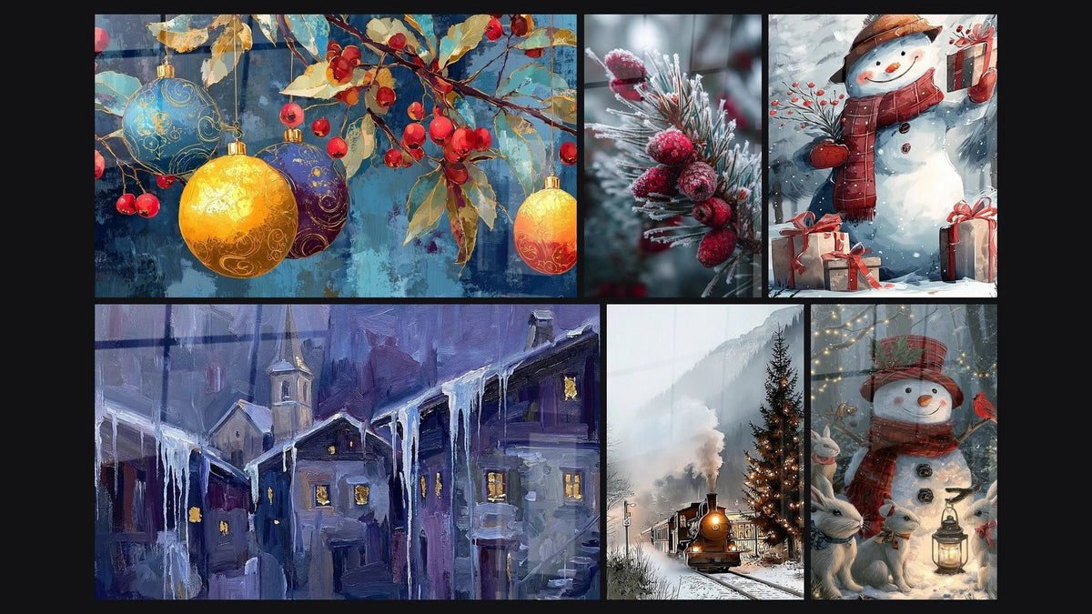 Mosaïque de six tableaux, dont Boules Brillance du réveillon, Village Alpin Hivernal et Baies Secrets du jardin gelé