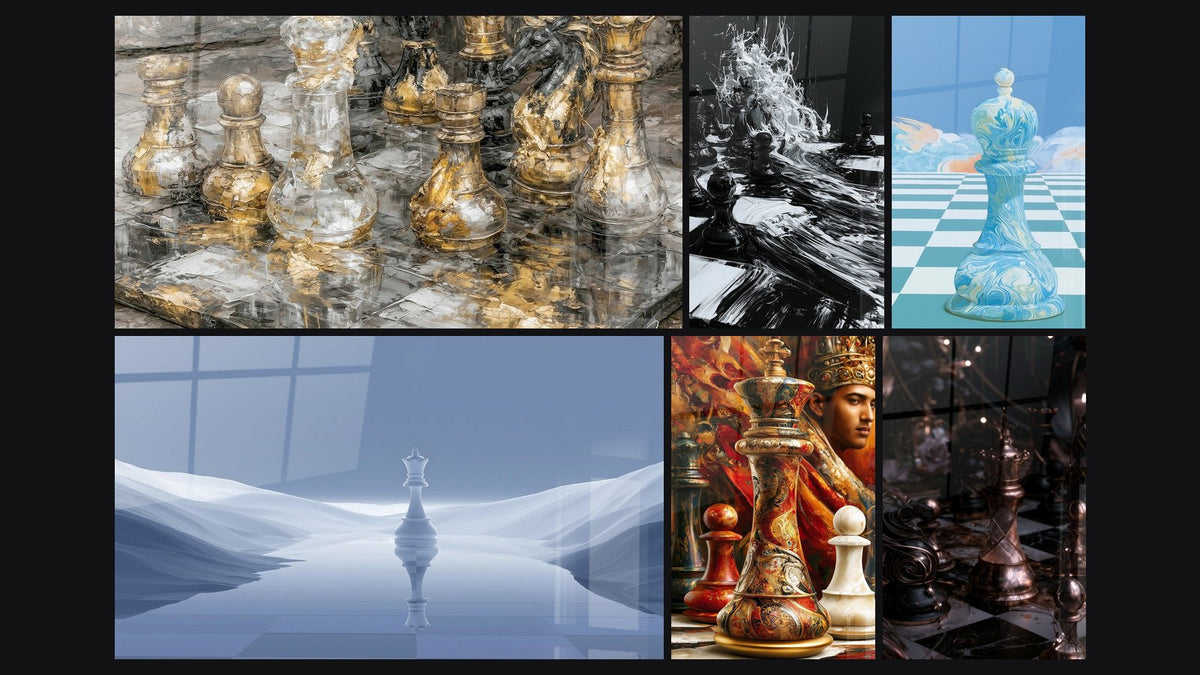 Mosaic of six paintings, including Black and White Checkerboard Splatter and Golden King Chess Piece with Marble Pawns