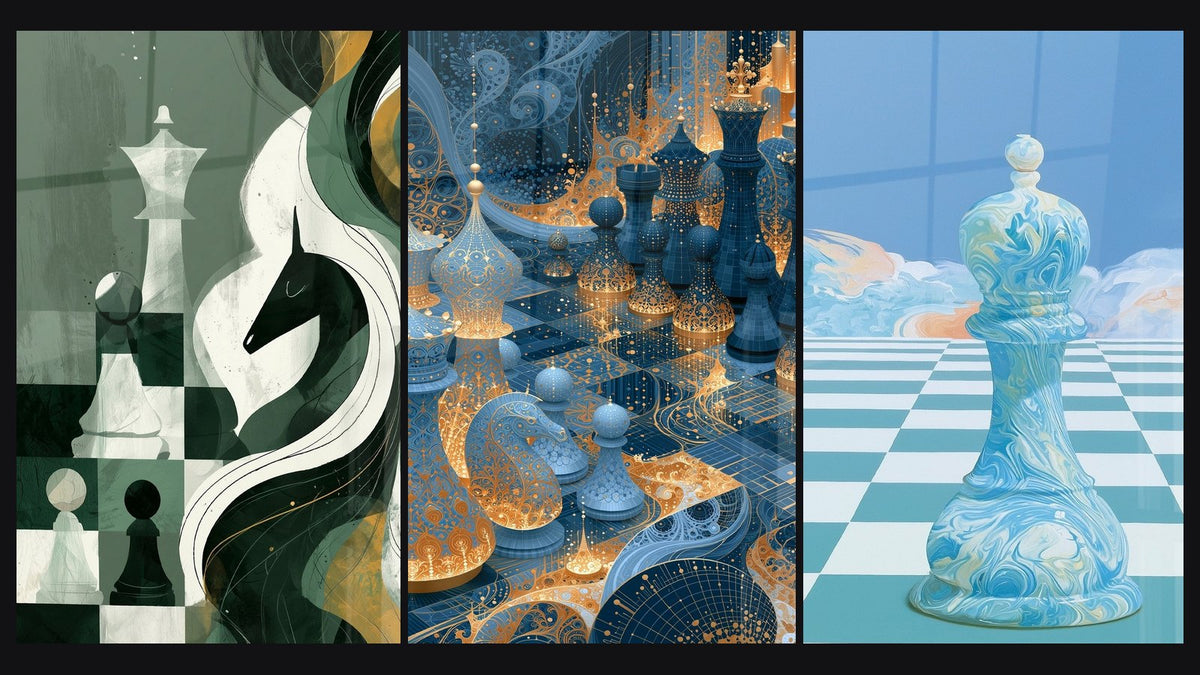 Mosaic of three paintings, including Blue and White Pawn on Chessboard