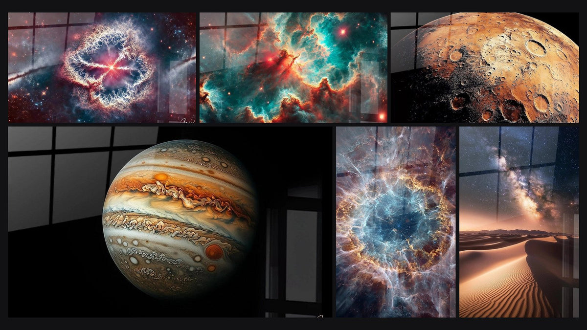 Mosaïque de six tableaux, dont Cœur Lumineux, Espace N°1 et Jupiter N°1