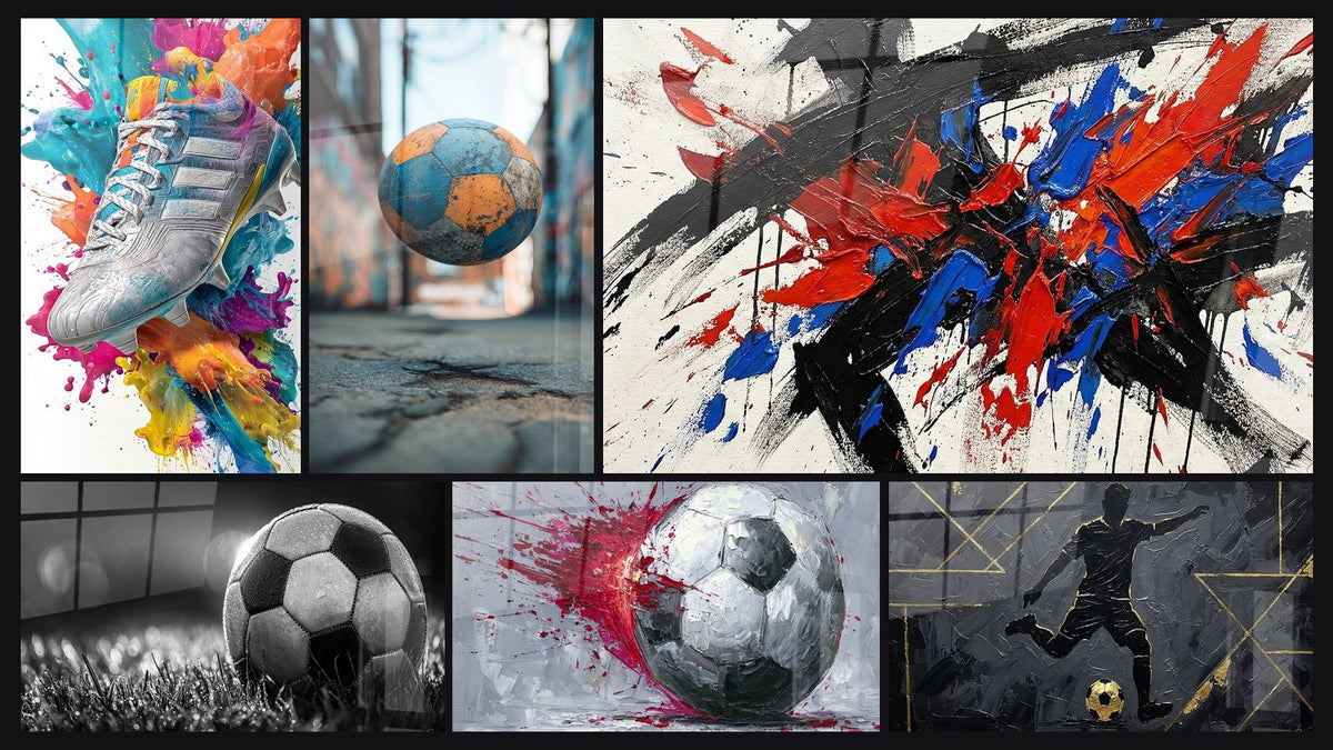 Mosaico de seis cuadros, entre ellos Zapatilla de Fútbol, Balón de Fútbol sobre Terreno y Futbol Balón Explosión Roja