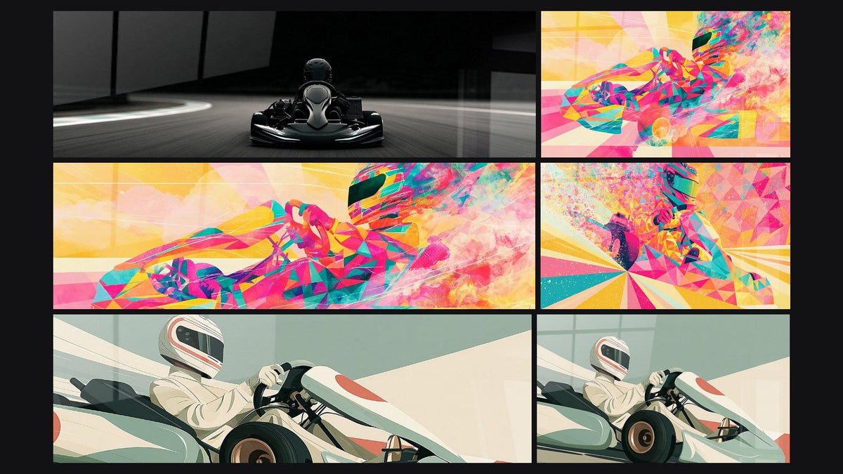 Mosaïque de six tableaux, dont Kart noir et gris filant en courbe et Pilote rose et jaune en pleine vitesse