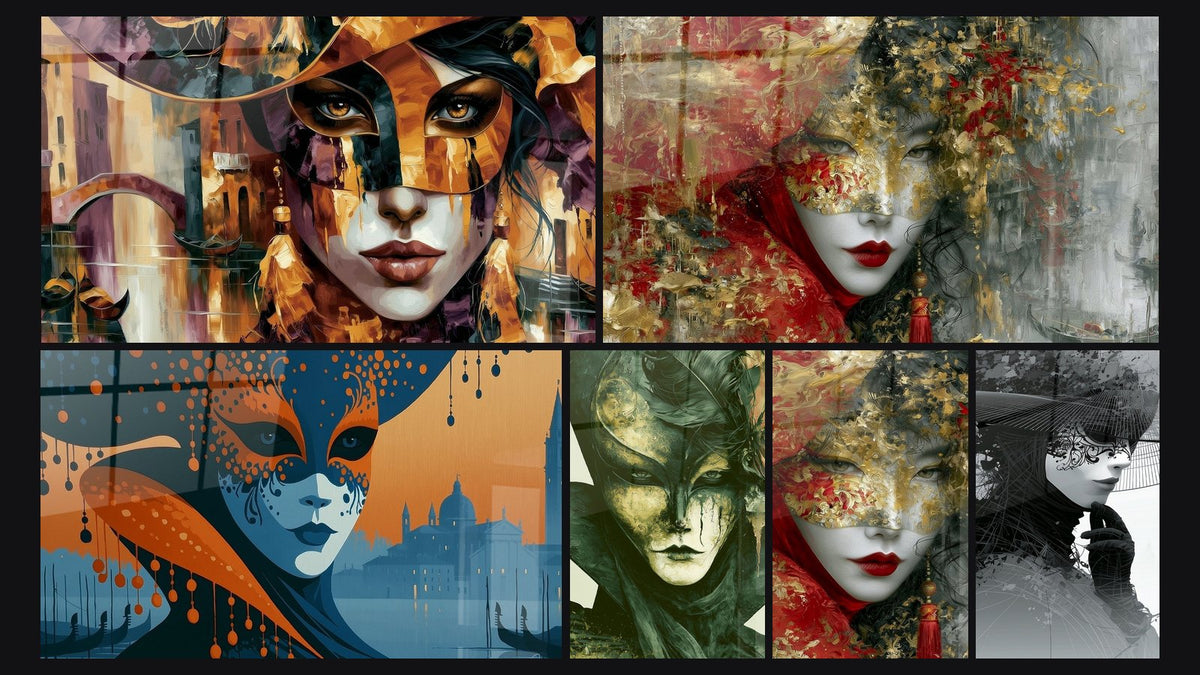Mosaïque de six tableaux, dont Masque doré et violet aux glands suspendus et Visage rouge et doré au pompon suspendu
