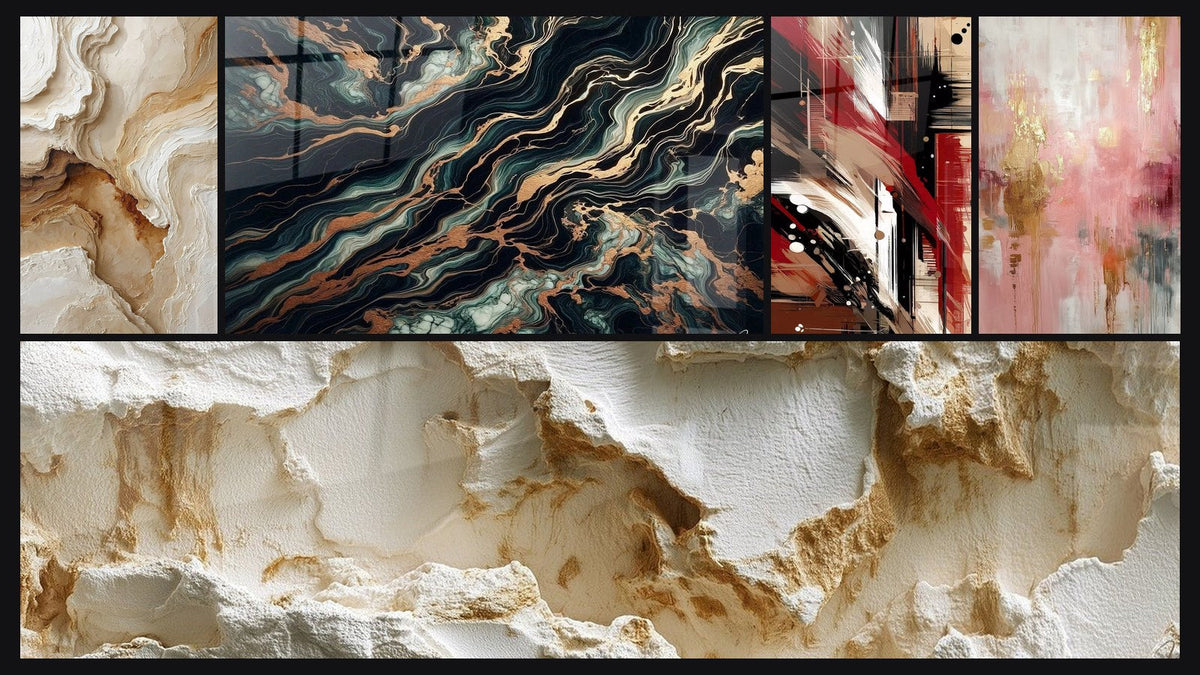 Mosaic of five paintings, including Textured Abstract Wall Art Beige and Ochre, Aurifer Flow and Structured Disorder Abstract