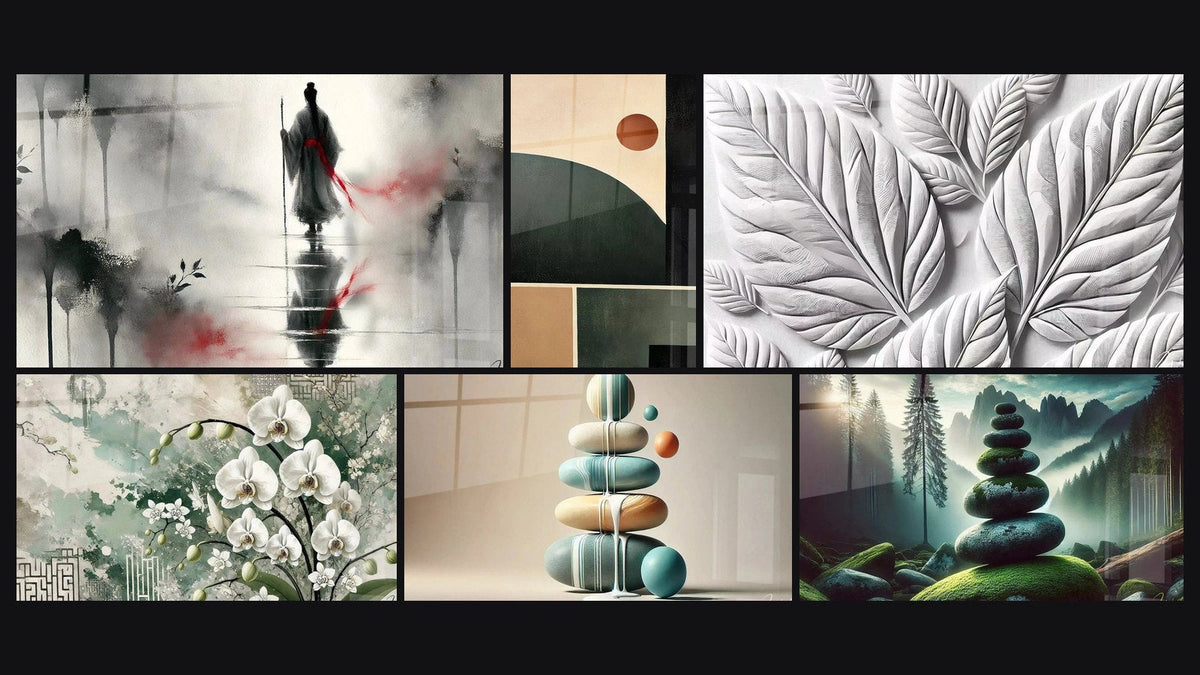 Mosaico di sei quadri, tra cui Il Sentiero del Risveglio, Orchidee Zen e Equilibrio Geometrico