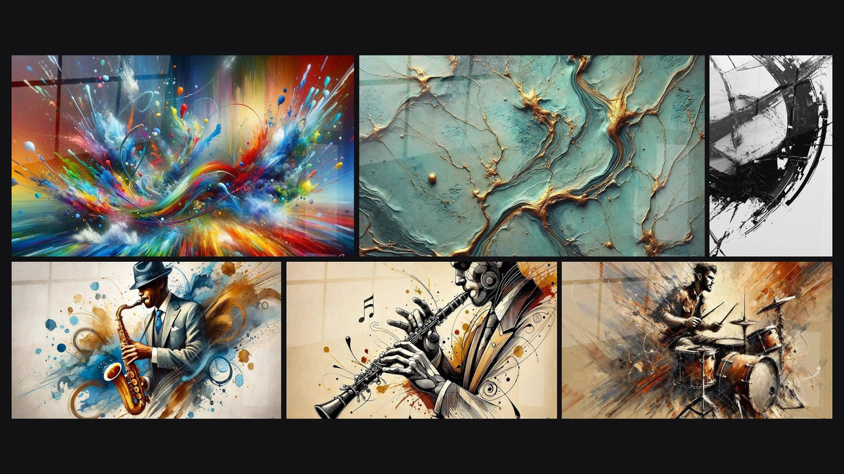 Mosaic of six paintings, including Big Bang Artistic Dazzling, Golden Rivers and Drums Wall Art No. 2