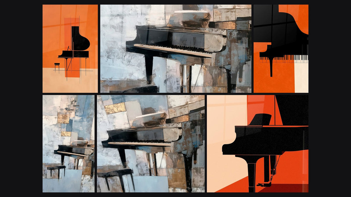 Mosaïque de six tableaux, dont Musique piano orange sable géométrique et Musique piano noir et gris blocs patchwork