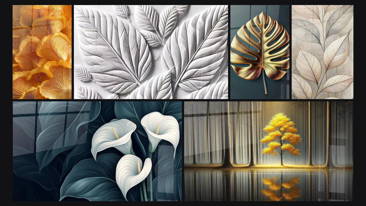 Mosaïque de six tableaux, dont Champignon N°1, Arum N°2 et Nature en Relief