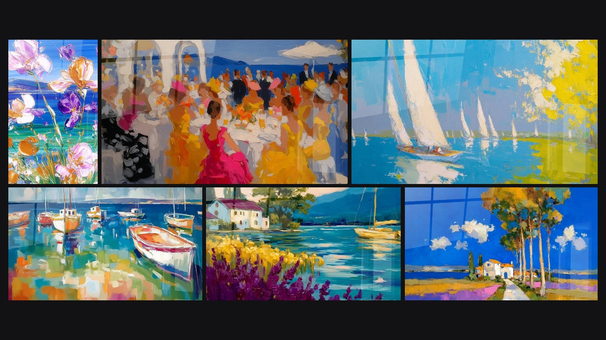 Mosaïque de six tableaux, dont Fleurs Éclats Violets, Terrasse convivialité estivale et Bateaux Chaleur Méditerranéenne