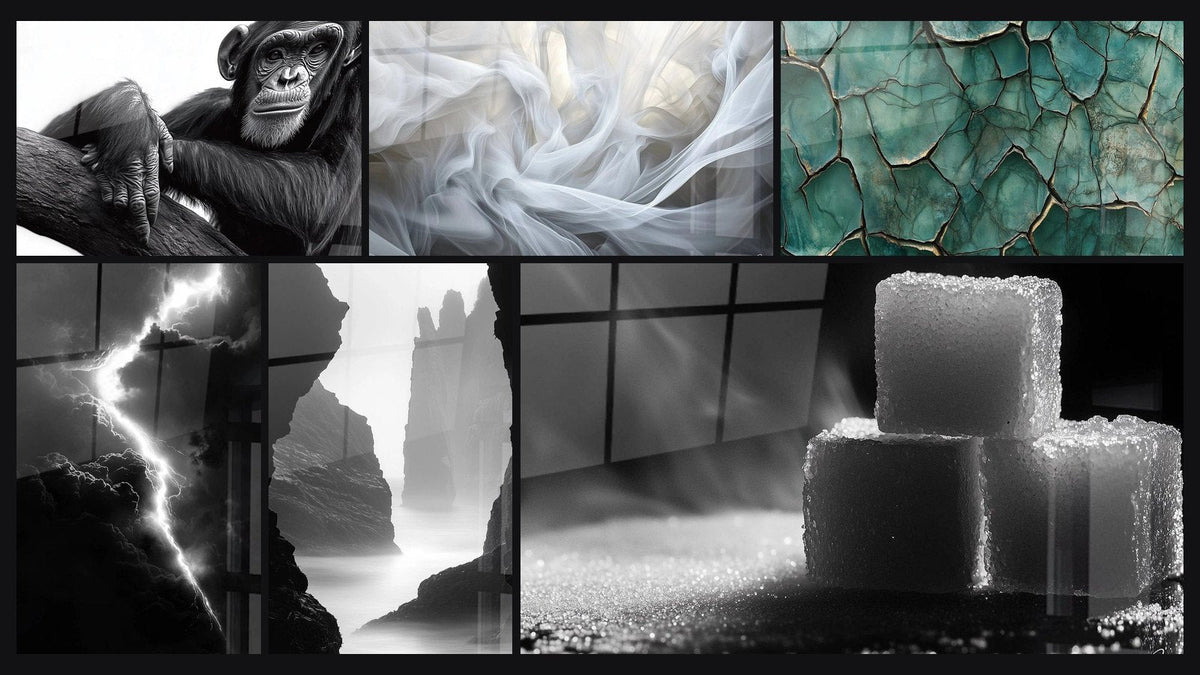 Mosaïque de six tableaux, dont Chimpanzé N°1, Orage N°1 et Brouillard N°1