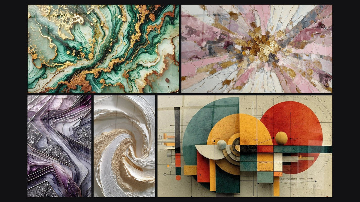Mosaico de cinco cuadros, entre ellos Mármol Misterioso, Lámparas de Cuarzo y Geométrico Revolución Circular