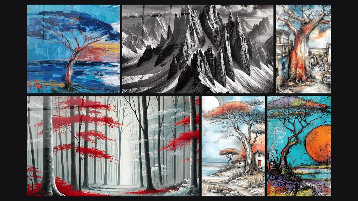 Mosaïque de six tableaux, dont Arbre Baobab solitaire sous ciel d'orage, Alignement Naturel et À l’Ombre des Géants
