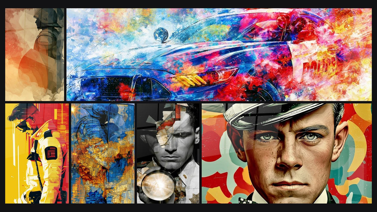 Mosaico de seis cuadros, entre ellos Oficial con walkie-talkie amarillo y rojo y Oficial Sosteniendo una Linterna Encendida