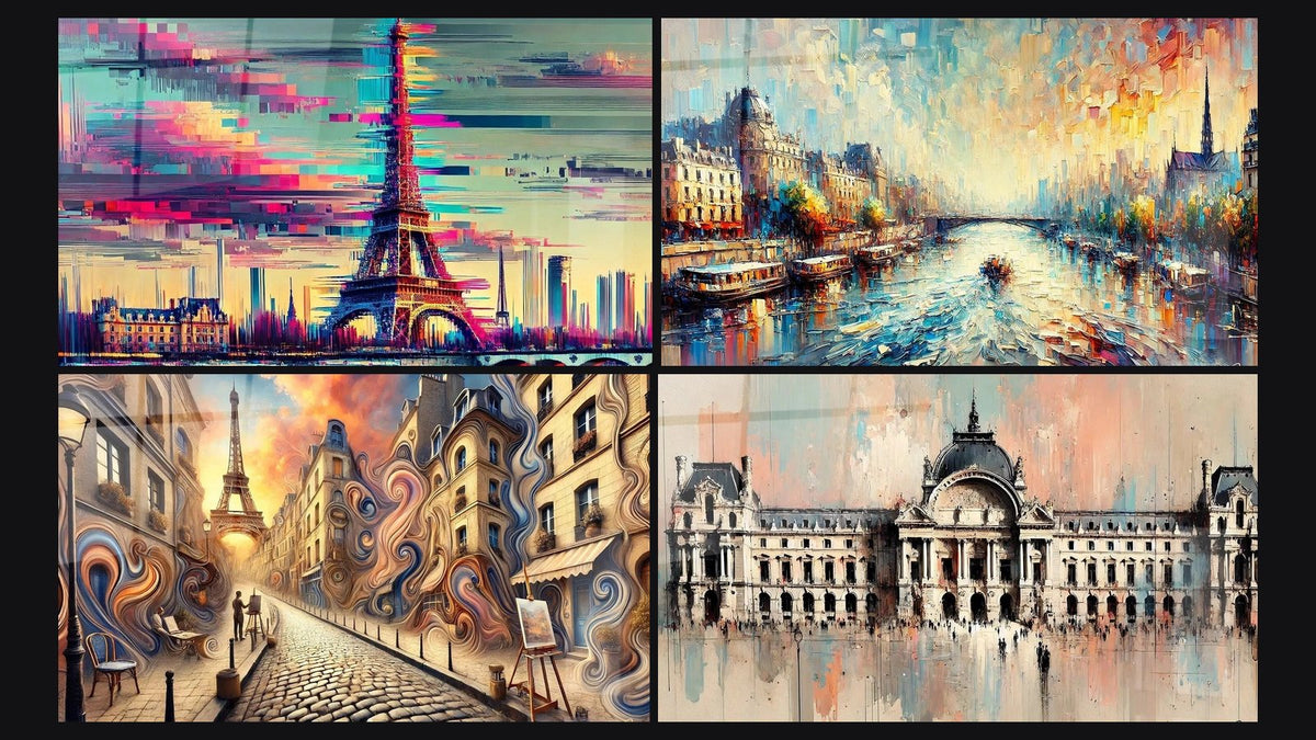 Mosaico di quattro quadri, tra cui Torre Eiffel N°3, La Senna N°1 e Parigi N°3