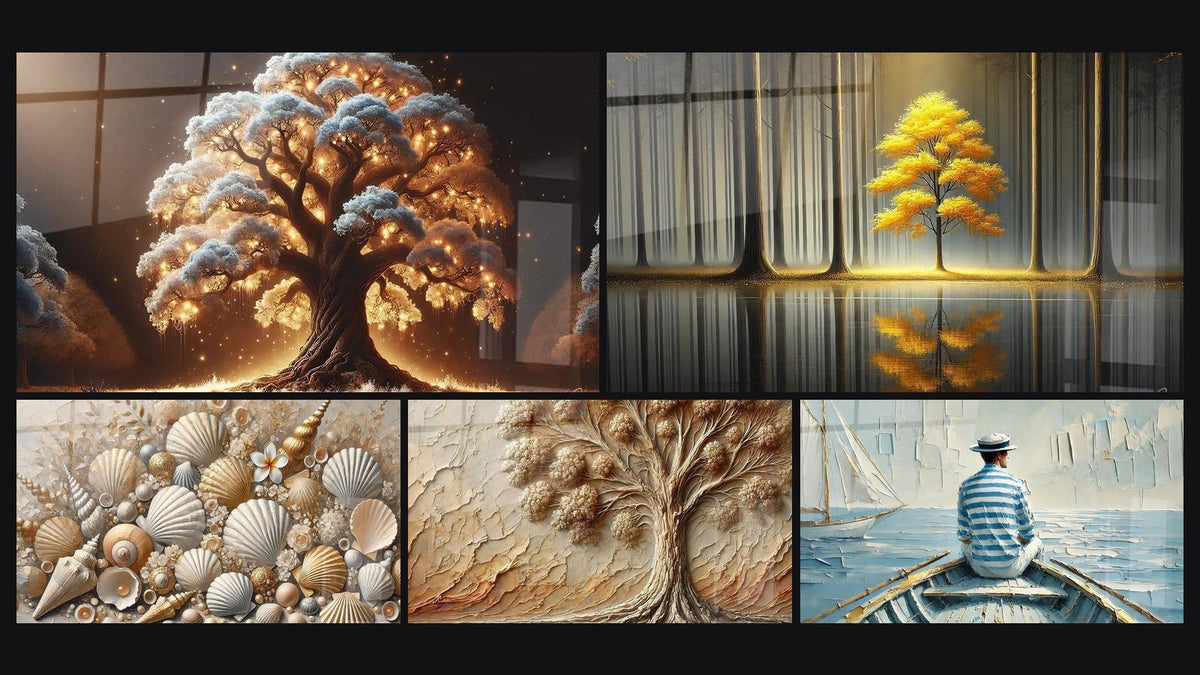 Mosaico de cinco cuadros, entre ellos Árbol Nocturno, Joyas de las Arenas y Árbol del Pasado