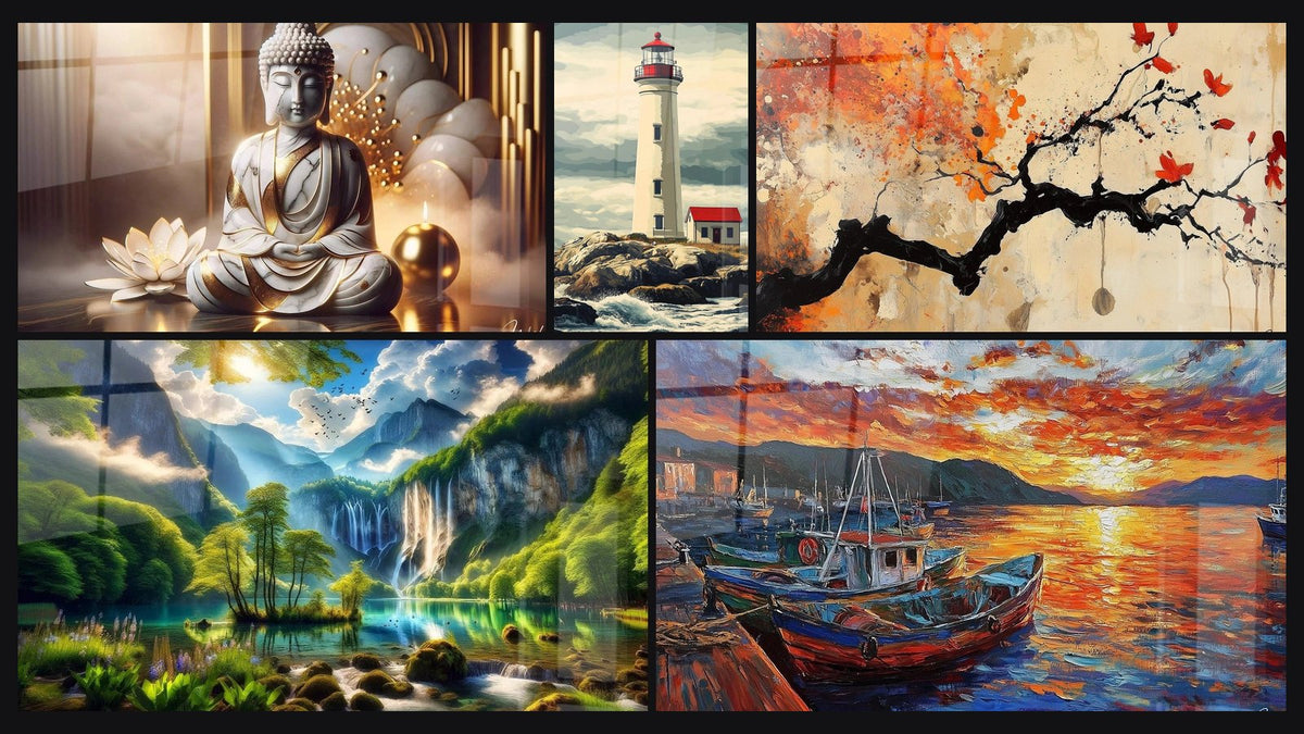 Mosaic of five paintings, including Marbled Peace, Green Eden Waterfall and Harbor Wall Art No. 3