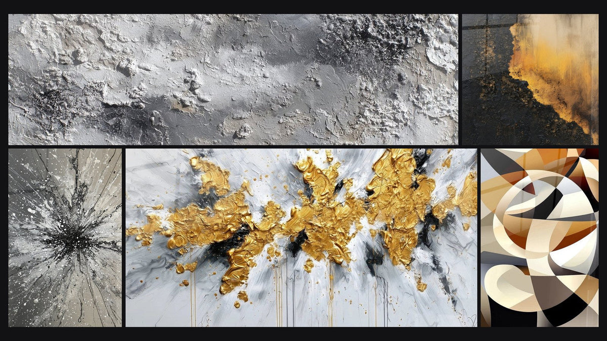 Mosaico de cinco cuadros, entre ellos Textura Abstracta Gris y Plateado Mineral y Explosión dorada sobre fondo blanco y gris