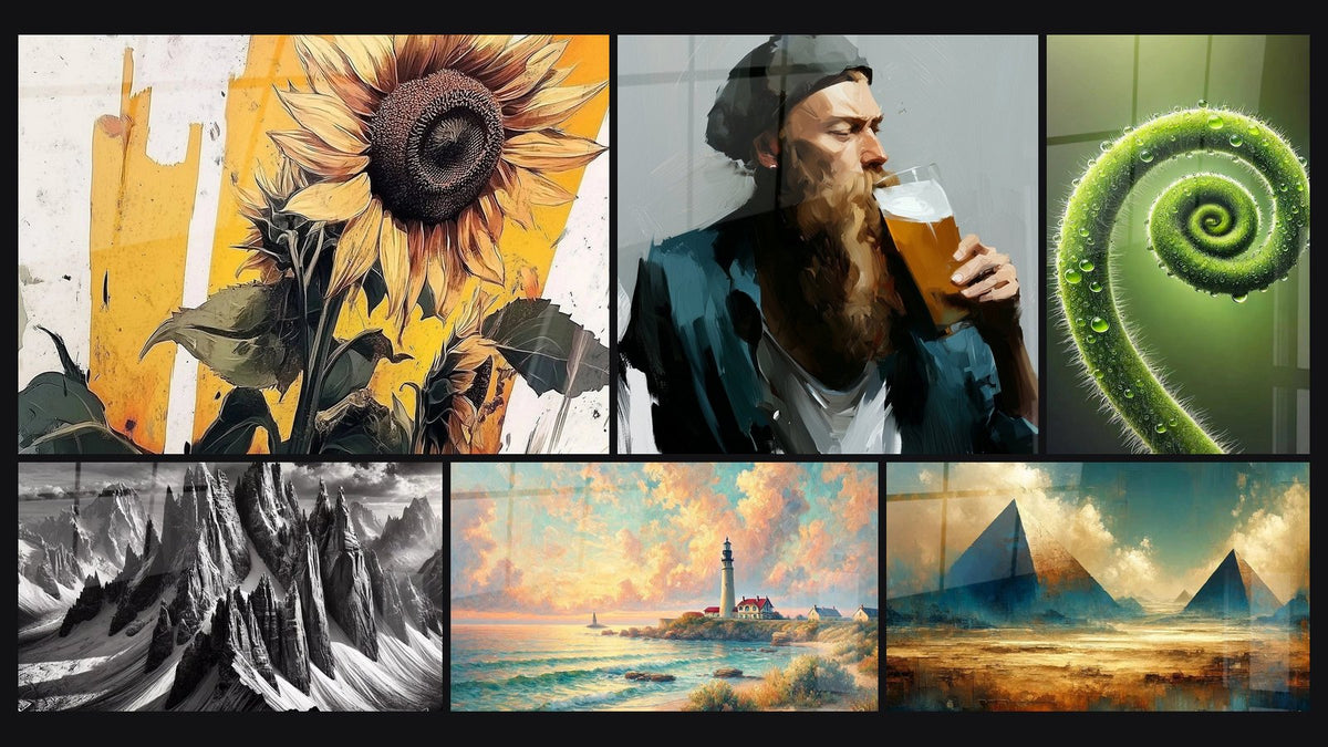 Mosaic of six paintings, including Bearded Man Drinking an Amber Glass, In the Shadow of Giants and Dawn Over the Lighthouse