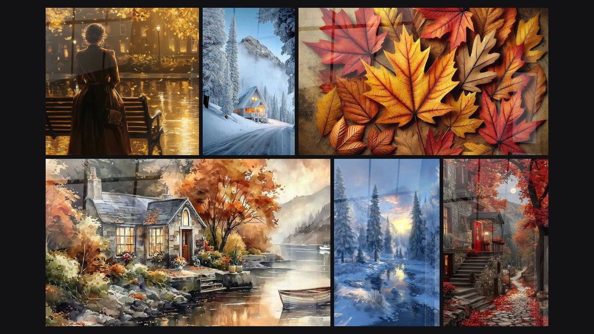 Mosaic of six paintings, including Woman Fleeting Season, Cabin Warm Light and House Peaceful Haven