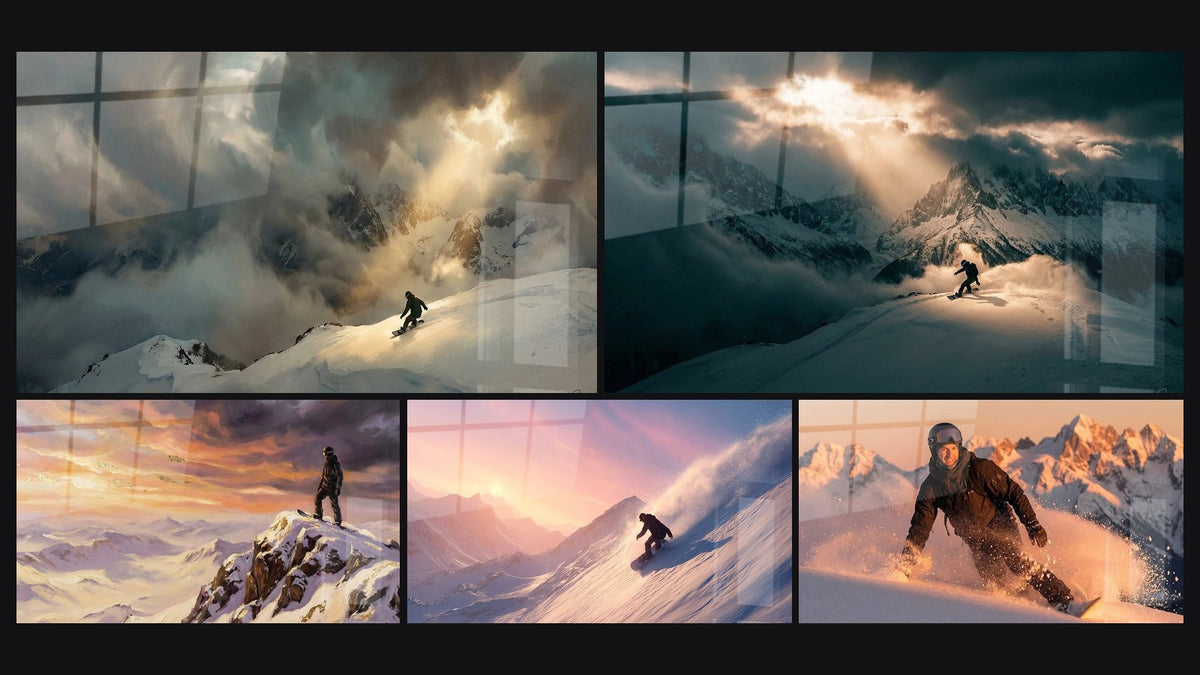 Mosaik aus fünf Gemälden, darunter Snowboarder Berg, Snowboard Sonnenuntergang und Snowboarder Sonnenuntergang