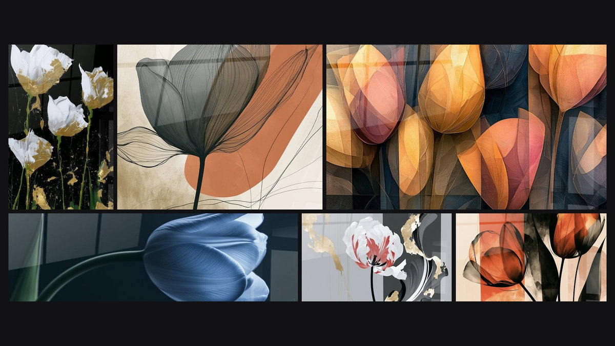 Mosaic of six paintings, including Tulips translucent amber and anthracite