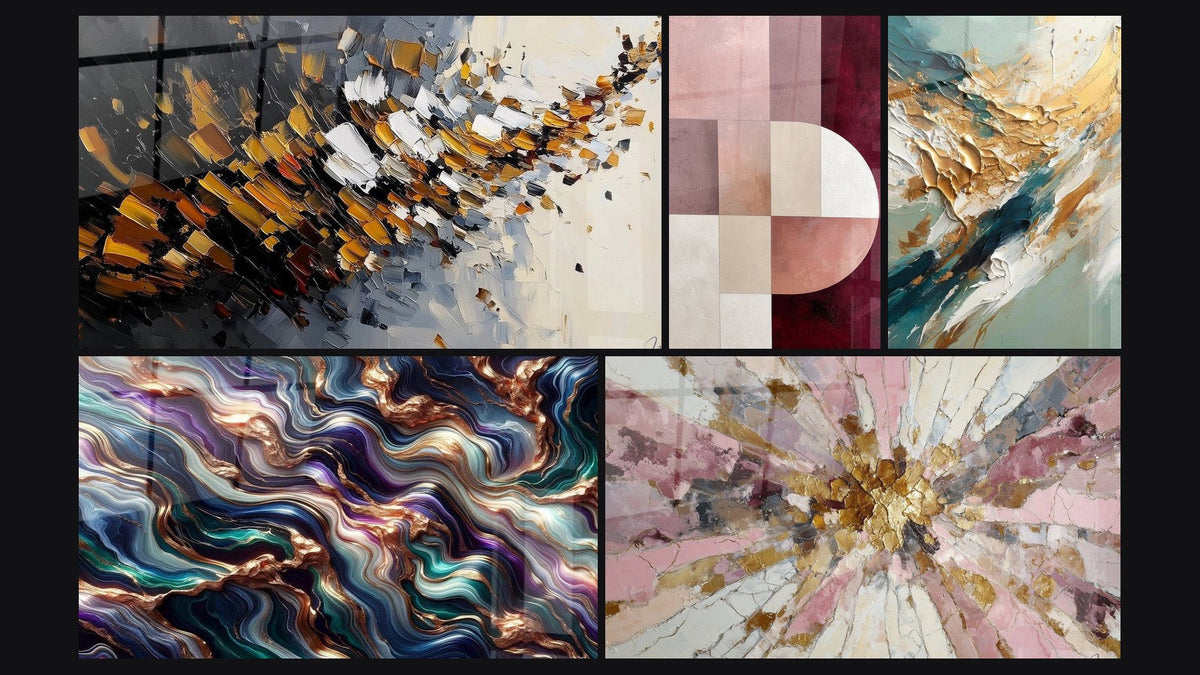Mosaico de cinco cuadros, entre ellos Explosión dinámica, Flujo y Retroceso Dorado y Serenata Mineral