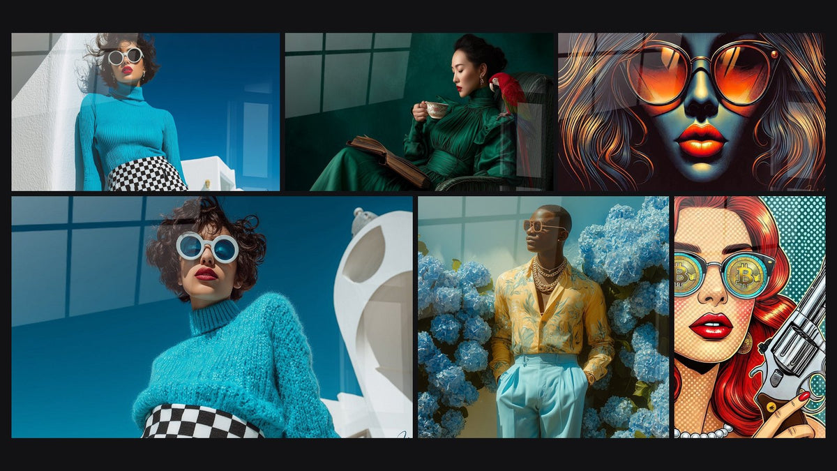 Mosaïque de six tableaux, dont Femme pull turquoise et jupe damier et Femme en robe verte au perroquet rouge